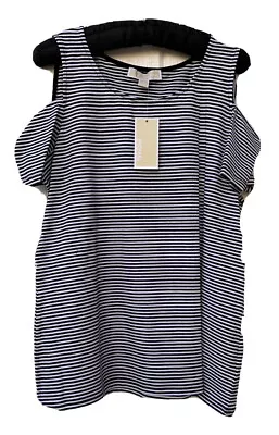 New $59 Michael Kors Striped Cold Shoulder Black/White Top Women Large Logo A123 • $29.99