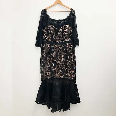City Chic Black Lace Fishtail Hi-Lo Hem Midi Dress UK 18 • £25