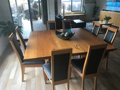$500 • Buy Square Dining Table In Recycled Ash With Ash & Black Leather Upholstered Chairs