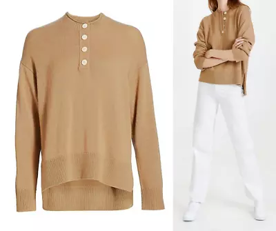 Theory Button Up 100% Cashmere Crew Neck Sweater In Beige Canvas Color Sz M $445 • $199.99