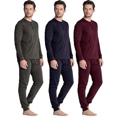 Mens Pyjamas Sets PJ's Henley Long Sleeve Tshirt Nightwear Loungewear Trousers • £10.95