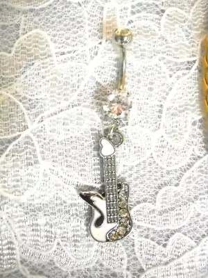 CREAM WHITE INLAY GUITAR W MUSIC NOTE & CRYSTALS ON CLEAR CZ BELLY BUTTON RING • $5.99