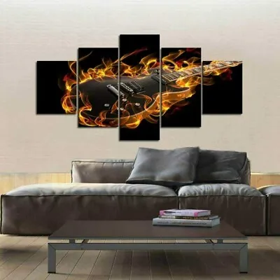 Guitar Fire Canvas Painting Picture Home Decor Modern Abstract 5Pcs Wall Art • $151.21