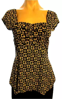 New MKM Designs Small Black Beige Design Cap Sleeve Square Neck Blouse • $10.49