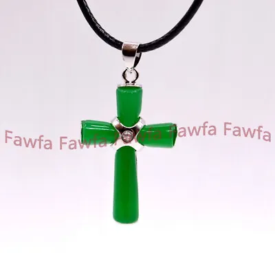 Natural AA Green Jade Cross Lucky Pendant Black Leather Rope Women/Mens Necklace • $3.50