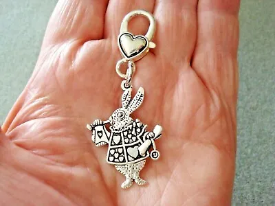 2 1/2  Alice In Wonderland White Rabbit On Heart Clasp Zipper Pull Purse Charm • £9.64