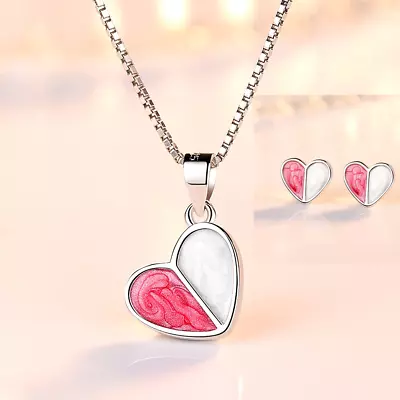 925 Sterling Silver Heart Pendant Chain Necklace Stud Earrings Womens Jewellery • £2.97