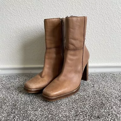 Vintage Candies Y2K Boots Women's 8 M Tan Leather Square Toe Wooden Block Heel • $95