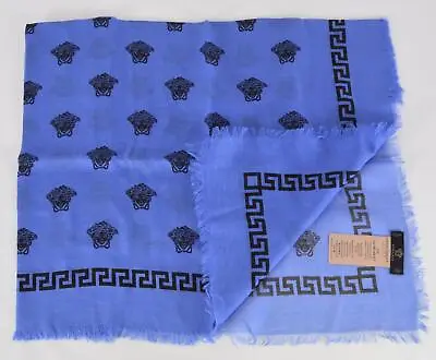 NEW Versace $350 Blue Black Modal Silk MEDUSA HEAD Greek Key Scarf • $165.44