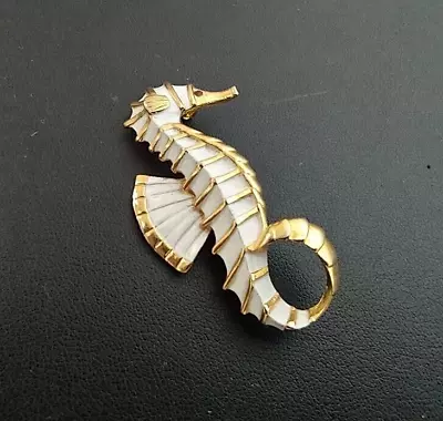 Fun Vintage SeaHorse Pin White Enamel Gold Trim • $13.89