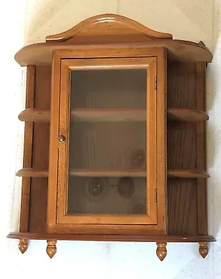 Vintage MID CENTURY Wood Wall Collectors Curio Cabinet With Glass Door & Shelves • $32.50