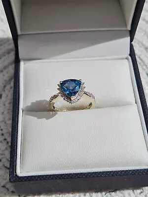 9ct Yellow Gold Blue Topaz And Diamonds QVC Ring • £136