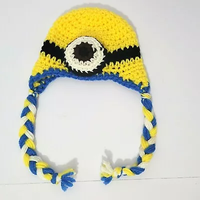 Baby 0-6 Months Blue Minion Brown Eye Handmade Crochet Beanie Hat With Earflaps • $11.99