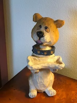 Vintage Resin Bobblehead 12  Tall Cute Dog Holding Bone Trinket Dish 1990's • $34