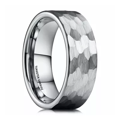 Hammer Finish Silver Tungsten Carbide Wedding Band With Brushed Finish For Men  • $16.72