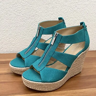 MICHAEL Michael Kors Berkley Teal Canvas Wedge Platform Sandals Size 7 • $49.98