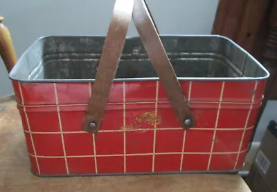 Vintage Golden Cookies Red Metal Tin Picnic Basket Wood Handles Watertown MA  • $25