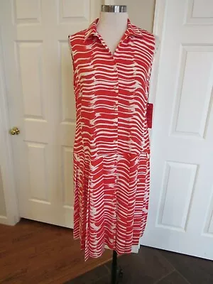 NWT CAbi #281 Women's Red/Ivory Brushstroke Sleeveless Pleated Dress MED $118 • $9.99