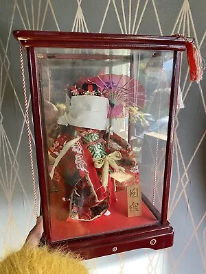 Antique Japanese Hakata Geisha Doll In Kimono Wooden Frame & Base Glass Case. • £45