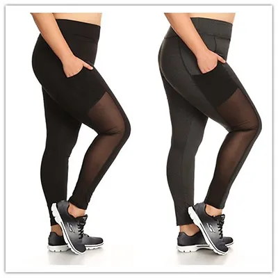 Womens Plus Size Activewear Solid Leggings With Mesh Side Pocket Panels X7L05 • £13.98