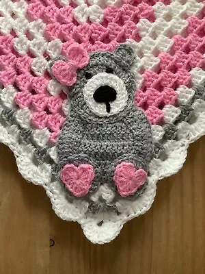Handmade Teddy Bear Motif Crochet Baby Blanket Great Baby Shower Gift • £15