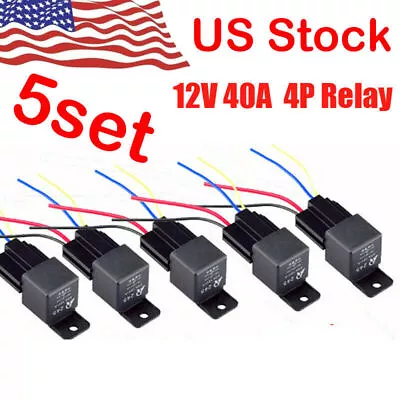 5 Pack 12V 30/40 Amp 4-Pin SPST Automotive Relay With Wires & Harness Socket Set • $10.95