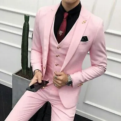 Mens Pink 3 Piece Suit Slim Fit Tuxedo Suit Groomsmen Bestman Wedding Suit • $224.10