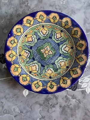 Urirate Talavera Plate 9  Puebla Mexico Mexican Pottery Orange Floral Cobalt • $44.99