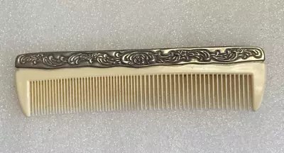 Vintage Ornate Embossed Silver Plate Beige Plastic Comb Hair Brush • $8.95