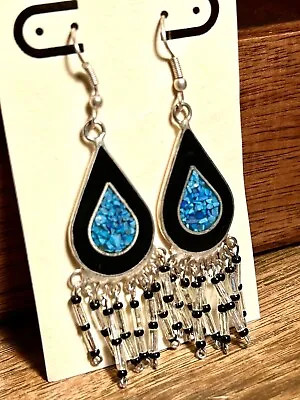 Vintage Sterling Silver Turquoise Chip Earrings Dangle Beaded Fringe Mexico • $28