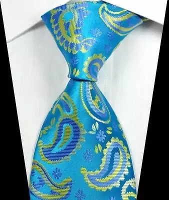 Hot Classic Paisley Light Blue Yellow JACQUARD WOVEN 100% Silk Men's Tie Necktie • $9.99