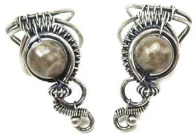 Pair Of Crinoid Fossil & Sterling Silver Steampunk Ear Cuffs • $54.99
