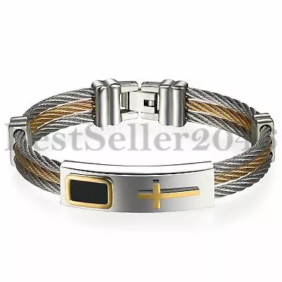 Mens Religious Cross ID Bracelet Bangle Cable Rope Twist Stainless Steel Chain • $10.99