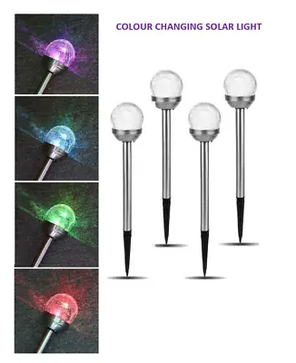 4 X Solar Powered Colour Changing Led Crackle Glass Ball Post Stake Lights UK • £15.99