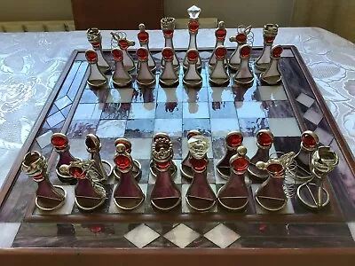 Chess Set Marble Inlay In Wood FramMetal Ornamental Figures • £29