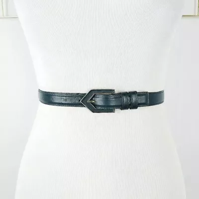 Yves Saint Laurent Womens Belt Small Green Leather Graphic-Shaped Buckle Vintage • $69