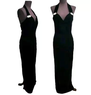 Vintage Hollywood Nites Glamour Gown Velvet Halter Back Slit Dress Size 8 • £44.20