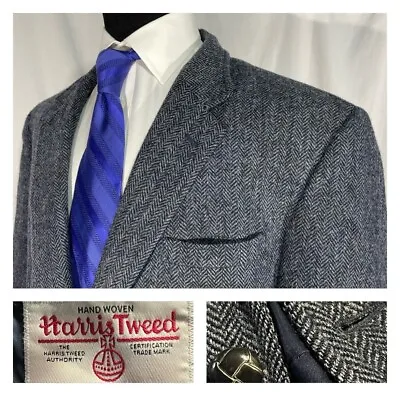 Jos A Bank Harris Tweed Blue Herringbone Wool Sport Coat Jacket 50 • $99.95