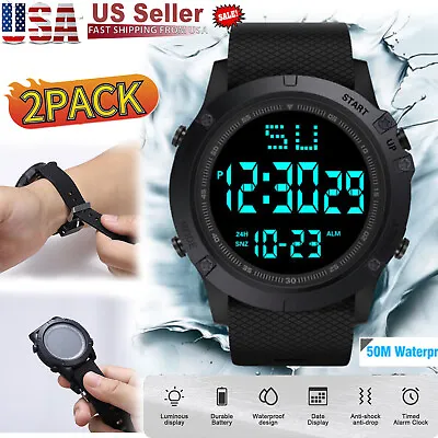 2 X Waterproof Men LED Digital Sports Watch Big Face Screen Military Wristwatch • $9.61