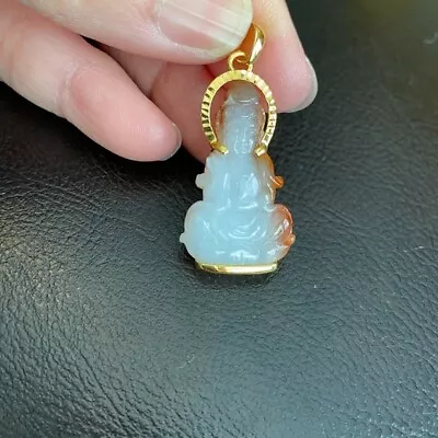 14K Solid Gold Buddha Quan/Kwan Yin Natural White Red Jade Pendant -Small • $602.80