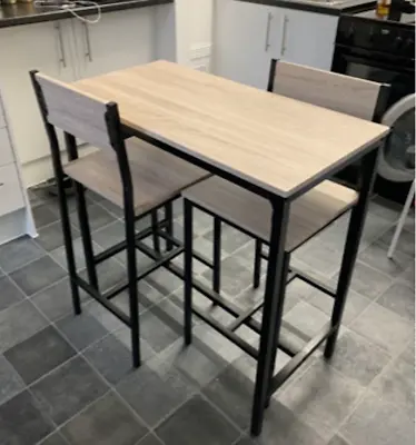 Bar Table And Stools Tall Modern Breakfast Set High Rustic Oak 2 Dining Chairs • £79.79