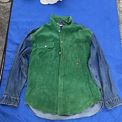 VINTAGE Tommy Hilfiger Jeans Shirt MEN Denim Color Block Corduroy  GREEN LARGE • $29.95