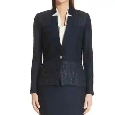 ST JOHN Caris Geo Blazer Women's 6 Navy Santa Knit Lace Notch Collar Jacket • £379.02