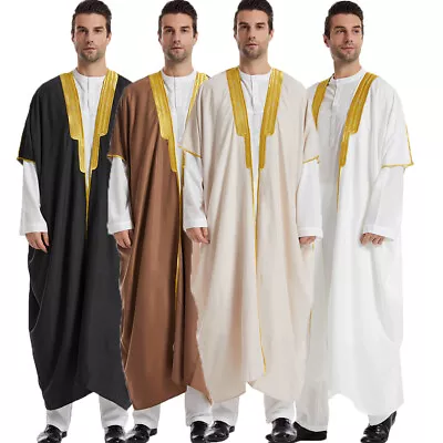 Men Long Sleeve Muslim Clothing Saudi Jubba Arab Kaftan Thobe Long Dress Robe • £30.08