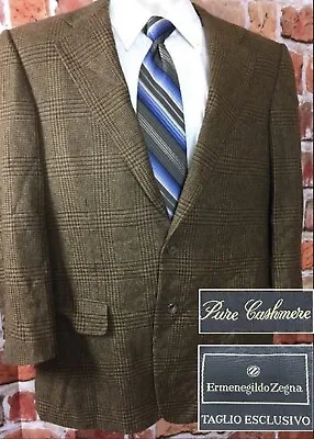 Bespoke Ermenegildo Zegna 100% Cashmere Brown Windowpane Blazer 38-40 Short (t5) • $95