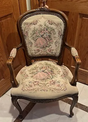 RARE ANTIQUE FRENCH NEEDLEPOINT Chateau D'Ax Spa French Louis XV Fauteuil Chair • $599.99