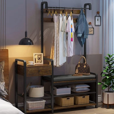 $145 • Buy Hall Tree Entryway Bench Coat Rack Shoe Bench Soft Cushion And Hanging Rod Brown