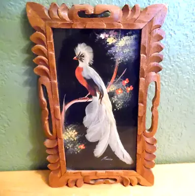 1940's  Mexican Feathercraft Bird Folk Art In Hand Carved Wooden Cedar Frame #2 • $25