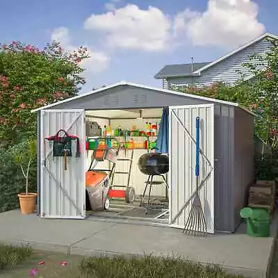 10X8FT Metal Garden Shed Apex Roof With Free Foundation Base Storage House Grey • £369.99