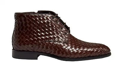 Men’s Hand Woven Calf Leather Chukka Boots Basket Weave Lace Up Side Zip Shoes • £119.99